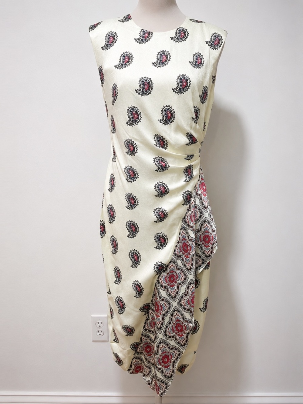 J.Crew Faux Wrap Paisley Midi Dress Size 14 Ivory Ruched Wedding Guest
